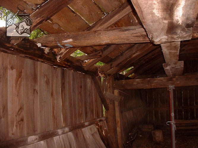 Drive-shed with rotted eave-beam and rafter tails